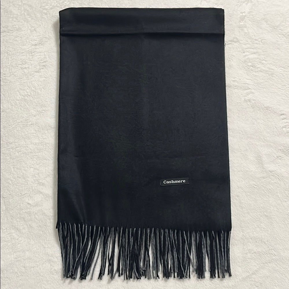 Black Cashmere Wool Blend Scarf with Fringe